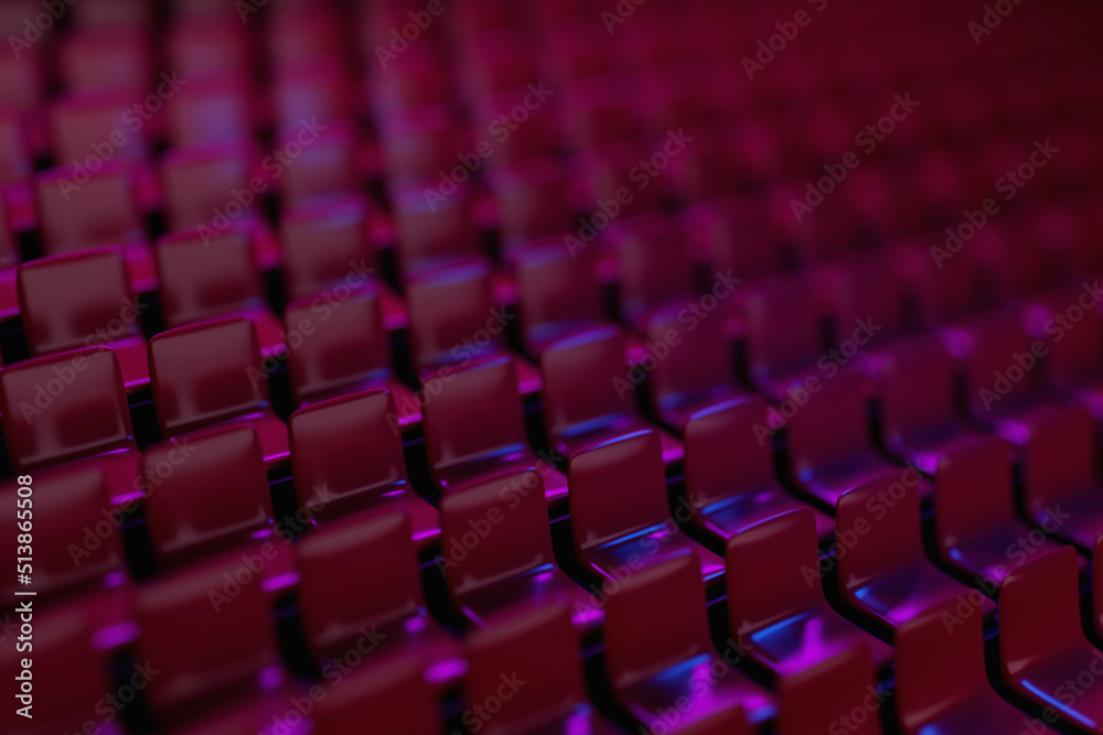 3D render the same rows of red cartoon soft chairs in the theater. Concept of a  beautiful movie theater with  chairs