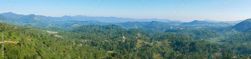 Panoramic view from the lookout to the green jungle and mountains in the Ella area. Ella, Sri Lanka