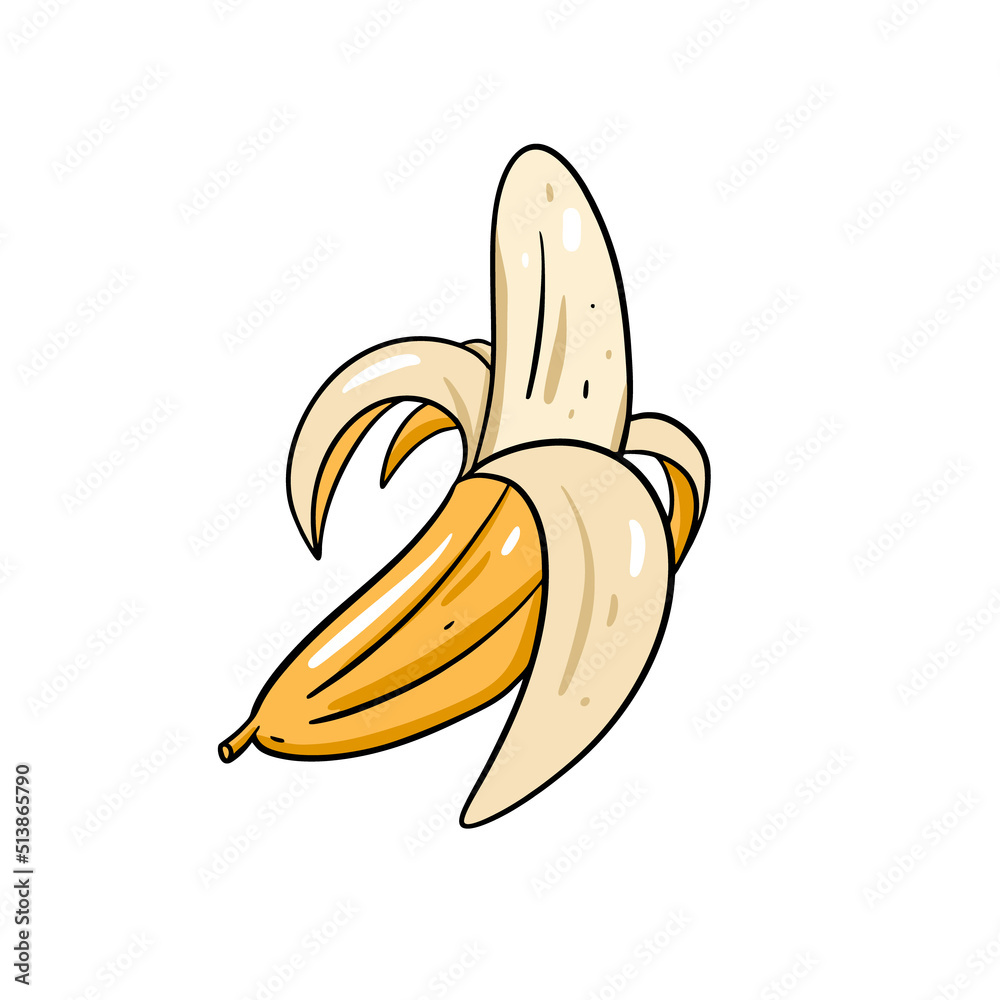 Open yellow banana fruit logo. Hand drawn colored doodle vector illustration.