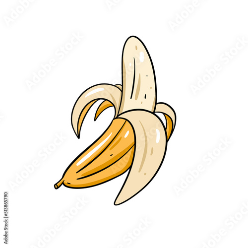 Open yellow banana fruit logo. Hand drawn colored doodle vector illustration.