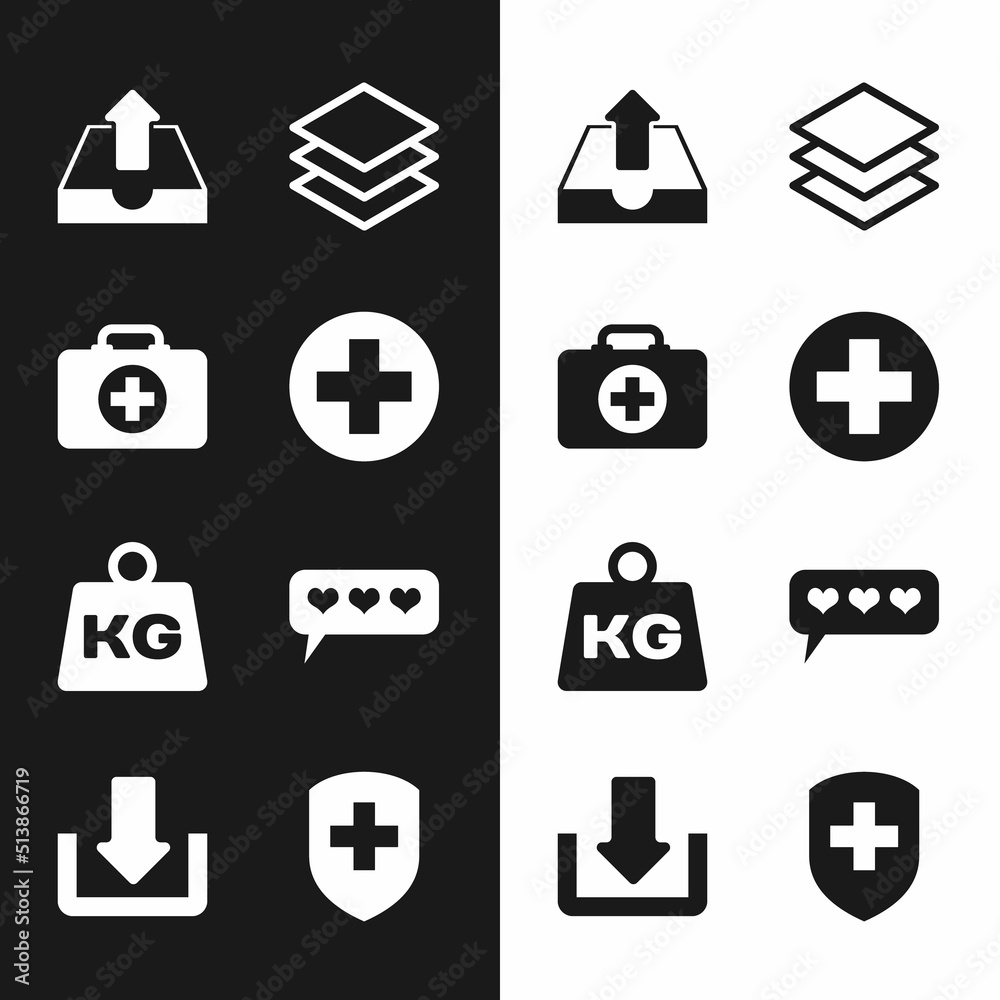 Set Medical cross in circle, First aid kit, Upload inbox, Layers, Weight and Like and heart icon. Vector Set Medical cross in circle, First aid kit, Upload inbox, Layers, Weight and Like and heart icon. Vector