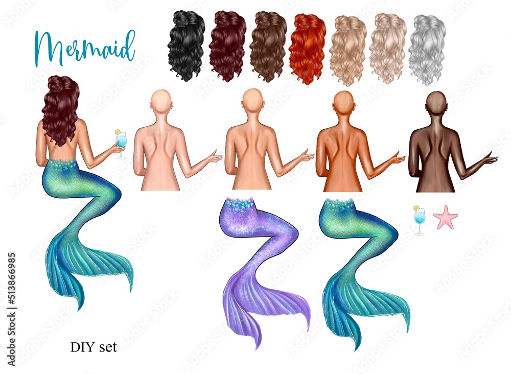 Mermaid. DIY set. Create a mermaid. Mermaid, back view. Set to create