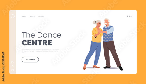 Dance Center for Oldies Landing Page Template. Happy Elderly Characters Romantic Dance. Aged Couple Relations