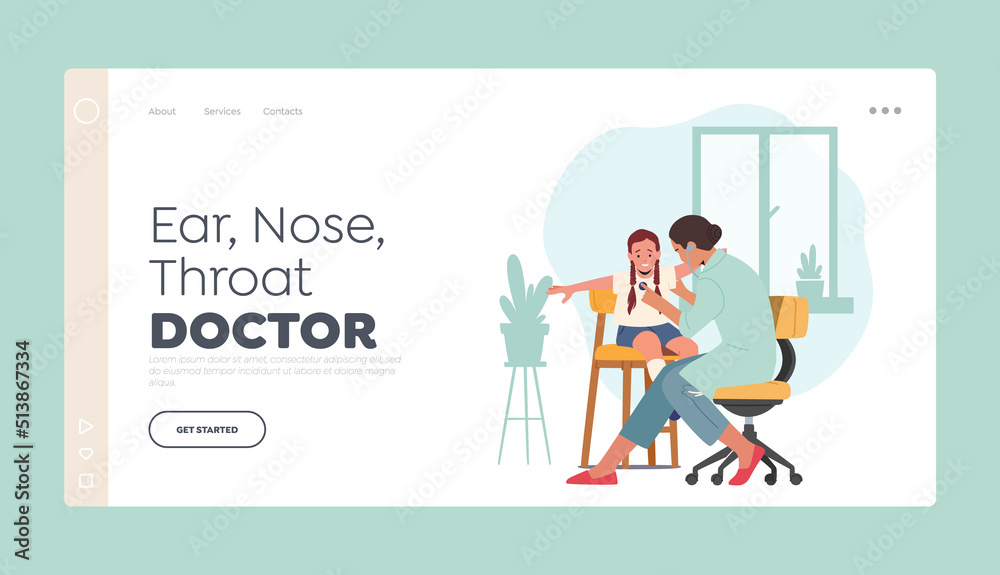 Ear, Nose, Throat Doctor Landing Page Template. Children Checkup, Pediatrician Character Examines Sick Girl Check Up