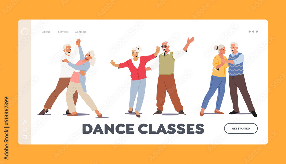 Dance Classes Landing Page Template. Senior Couples, Happy Elderly Old Men and Women Dancing. Old Characters Education