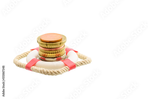 Asset, liability or debt insurance and loan protection concept : Coins in a red lifebuoy, depicts strategies for guarding wealth from creditor claims and access to valuable property. Isolated on white photo