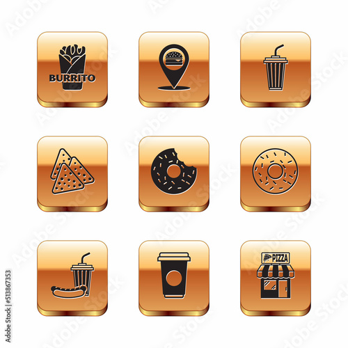 Set Burrito, Soda and hotdog, Coffee cup, Donut, Nachos, Glass with water, Pizzeria building facade and Location burger icon. Vector