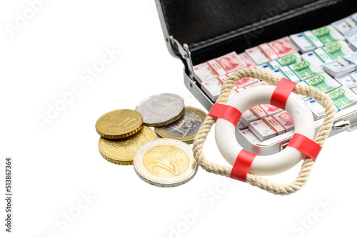 Asset, liability or debt insurance and loan protection concept : Cash, coins, a red lifebuoy isolated on white, depicts strategies for guarding wealth from creditor claims and access to properties. photo