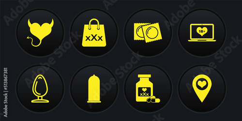 Set Anal plug, Laptop with 18 plus content, Condom safe sex, Bottle pills for potency, Condoms in package, Shopping bag triple X, Location heart and Devil horns icon. Vector