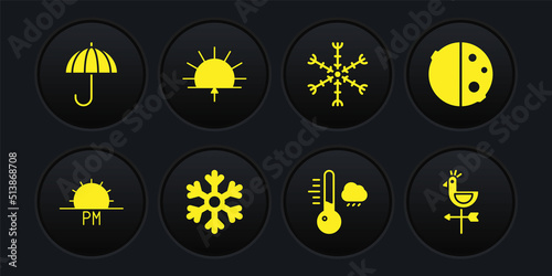 Set Sunset, Eclipse of the sun, Snowflake, Meteorology thermometer, Sunrise, Rooster weather vane and Umbrella icon. Vector