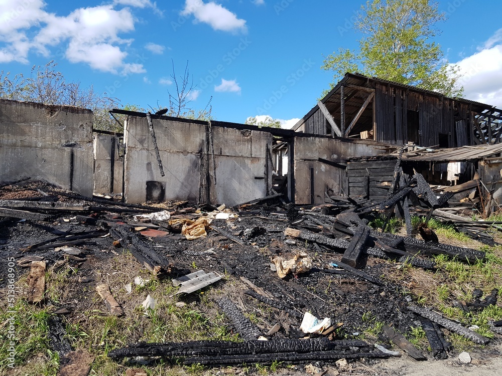 The charred remains of a burnt house