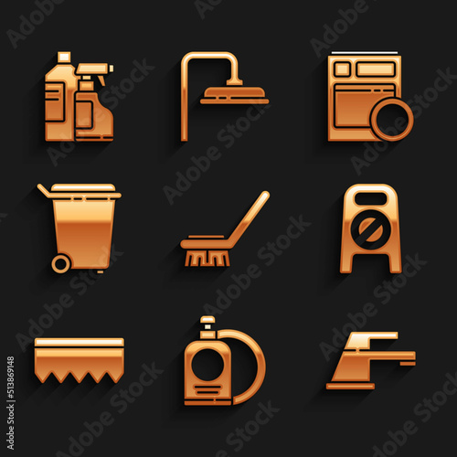 Set Brush for cleaning, Dishwashing liquid bottle and plate, Water tap, Wet floor progress, Sponge with bubbles, Trash can, Kitchen dishwasher machine and Bottles agent icon. Vector