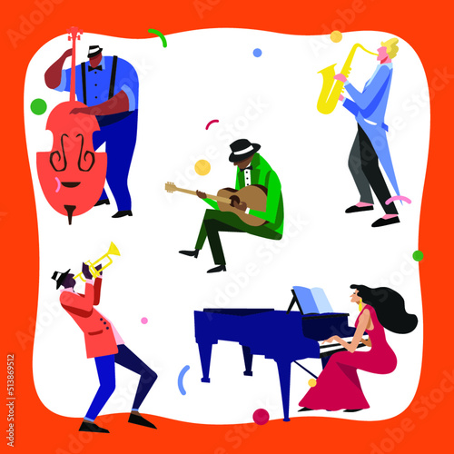 Music Festival Colorfull Jazz Musicians Flat Vector illustration