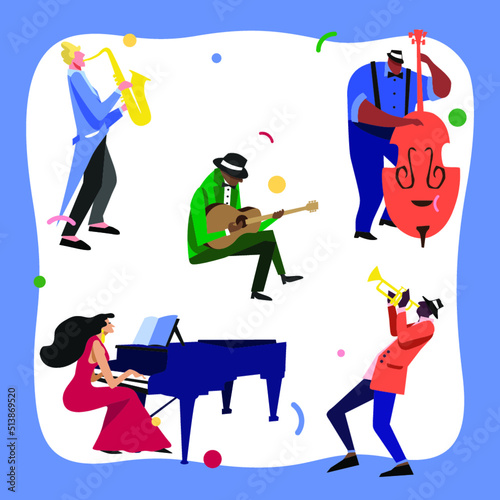 Music Festival Colorfull Jazz Musicians Flat Vector illustration