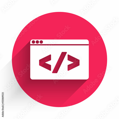 White Web design and front end development icon isolated with long shadow. Red circle button. Vector