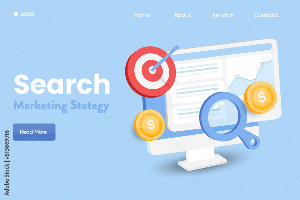 3d illustration concept of search marketing strategy, SEO optimization, PPC advertising flat design vector web banner template. 3d illustration concept of search marketing strategy, SEO optimization, PPC advertising flat design vector web banner template.