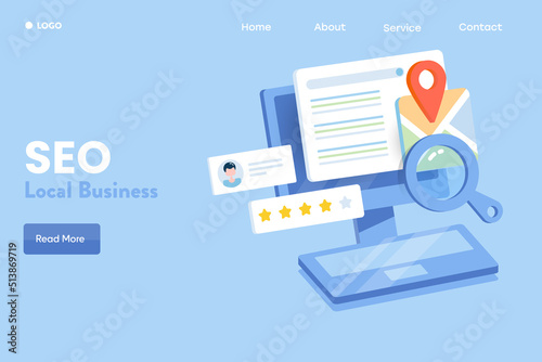 3d illustration - local SEO business concept, searching local business information, customer review on search engine, web banner landing page template. photo