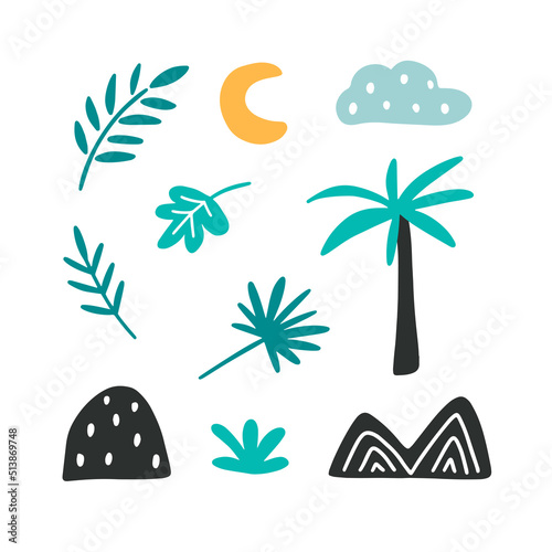 Set of green and black tropical plants. Cute mountains, palm tree, moon and jungle leaves. Collection of vector graphic elements. Hand drawn summer illustrations.