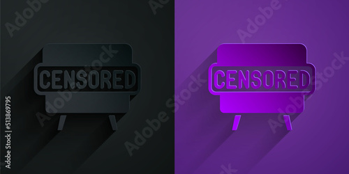 Paper cut Censored stamp icon isolated on black on purple background. Paper art style. Vector