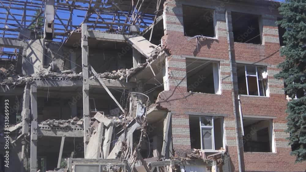 A school building destroyed by a ballistic missile. Russia attacked Ukraine, real war A school building destroyed by a ballistic missile. Russia attacked Ukraine, real war