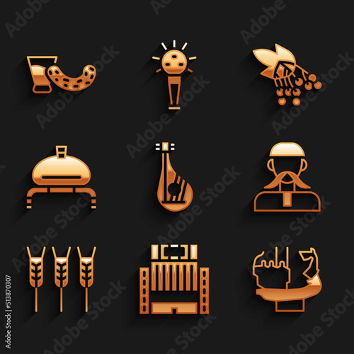 Set Bandura, Hotel Ukraina building, Monument to founders of Kiev, Ukrainian cossack, Wheat, Bread salt, Branch viburnum and Glass with vodka icon. Vector