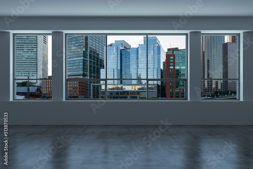 Panoramic picturesque city view of Boston at sunset time from modern empty room interior, Massachusetts. An intellectual, technological and political center. 3d rendering.