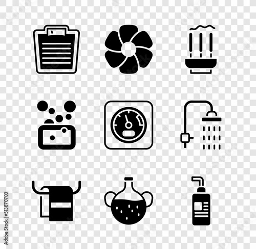 Set Bathroom scales, Flower, Incense sticks, Towel on hanger, Essential oil bottle, Cream or lotion cosmetic tube, Bar of soap and Sauna thermometer icon. Vector
