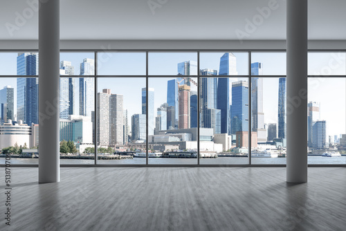 Midtown New York City Manhattan Skyline Buildings from High Rise Window. Beautiful Expensive Real Estate. Empty room Interior Skyscrapers View Cityscape. Day time. Hudson Yards West Side. 3d rendering