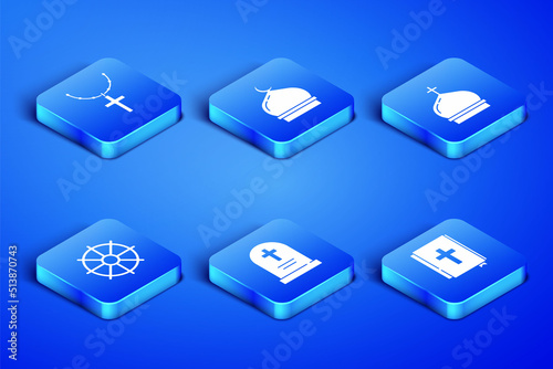 Set Holy bible book, Christian cross on chain, Tombstone with, Dharma wheel, Muslim Mosque and Church tower icon. Vector