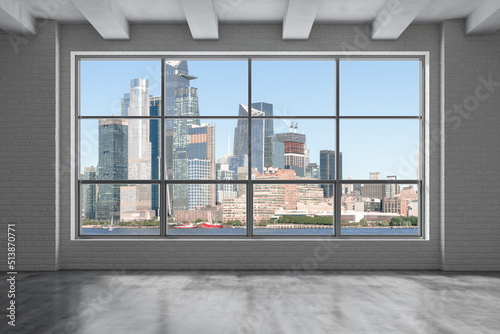 Midtown New York City Manhattan Skyline Buildings from High Rise Window. Beautiful Expensive Real Estate. Empty room Interior Skyscrapers View Cityscape. Day time. Hudson Yards West Side. 3d rendering