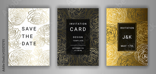 Wedding invitation card EPS 10 vector set. Elegant ranunculus linear flowers background. Save the date templates. Black, white, gold decor.