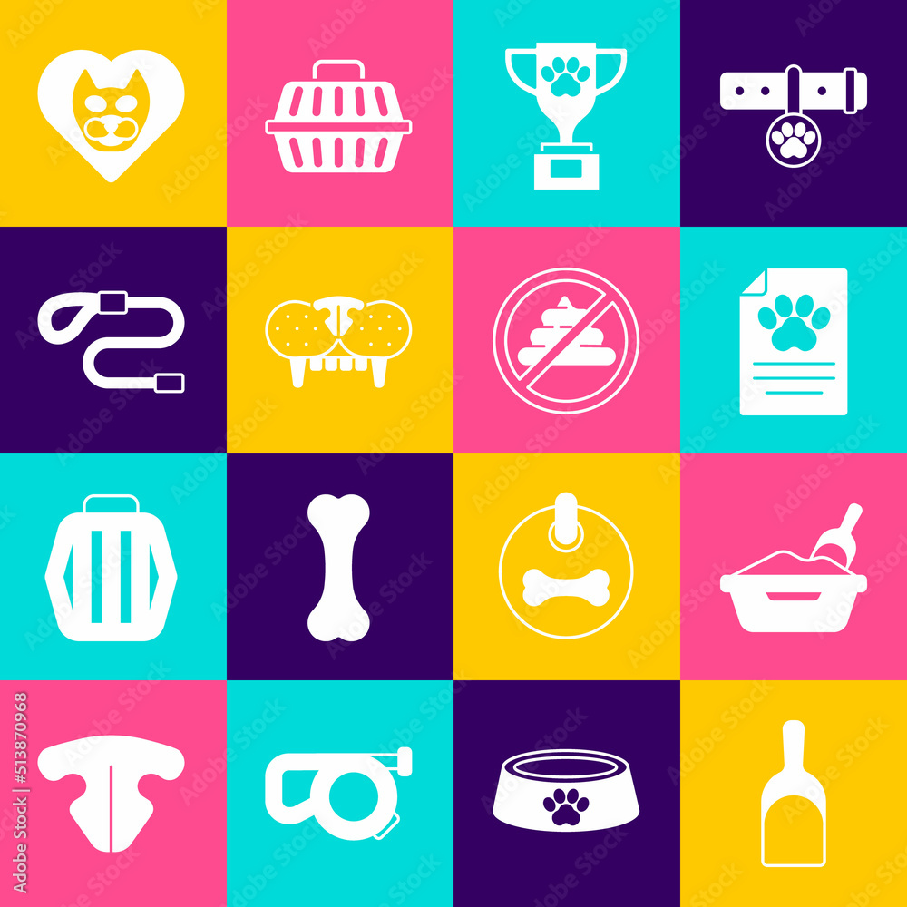 Set Dustpan, Cat litter tray with shovel, Clinical record pet, Pet award, tooth, Retractable leash, Heart cat and No shit icon. Vector Set Dustpan, Cat litter tray with shovel, Clinical record pet, Pet award, tooth, Retractable leash, Heart cat and No shit icon. Vector