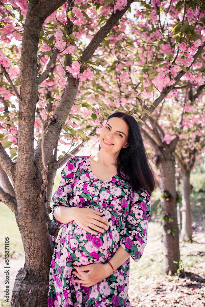 pregnant girl in a dress near the sakura in the garden pregnant girl in a dress near the sakura in the garden