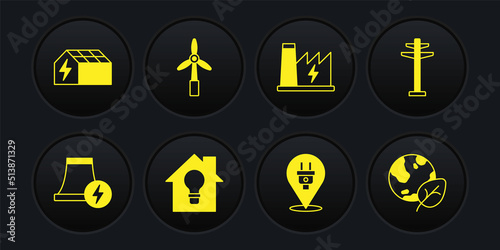 Set Nuclear power plant, Electric tower, Smart house and light bulb, plug, Wind turbine, Earth globe leaf and Solar energy panel icon. Vector