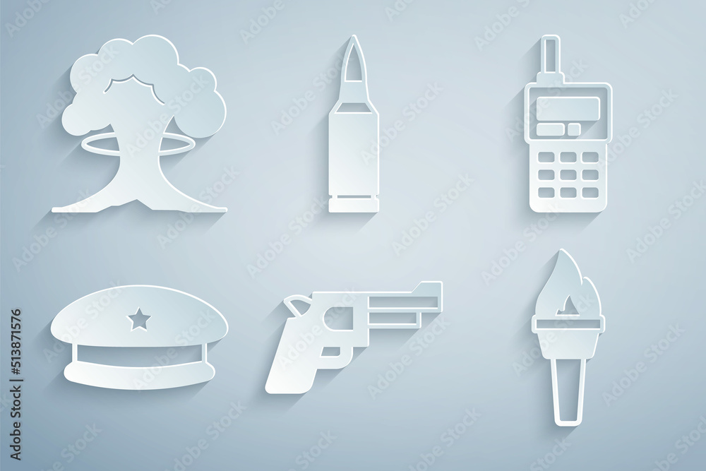 Set Pistol or gun, Walkie talkie, Military beret, Torch flame, Bullet and Nuclear explosion icon. Vector Set Pistol or gun, Walkie talkie, Military beret, Torch flame, Bullet and Nuclear explosion icon. Vector