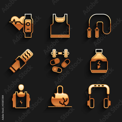 Set Sports doping with dumbbell, Broken weight, Headphones, nutrition, Bodybuilder, Protein sport bar, Jump rope and Smart watch heart icon. Vector
