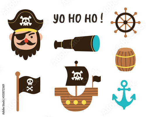 Set of hand drawn pirate elements for creating logos, cards, worksheets and posters.