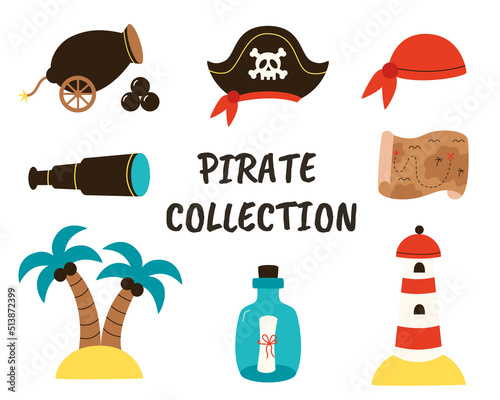 Set of hand drawn pirate elements for creating logos, cards, worksheets and posters.