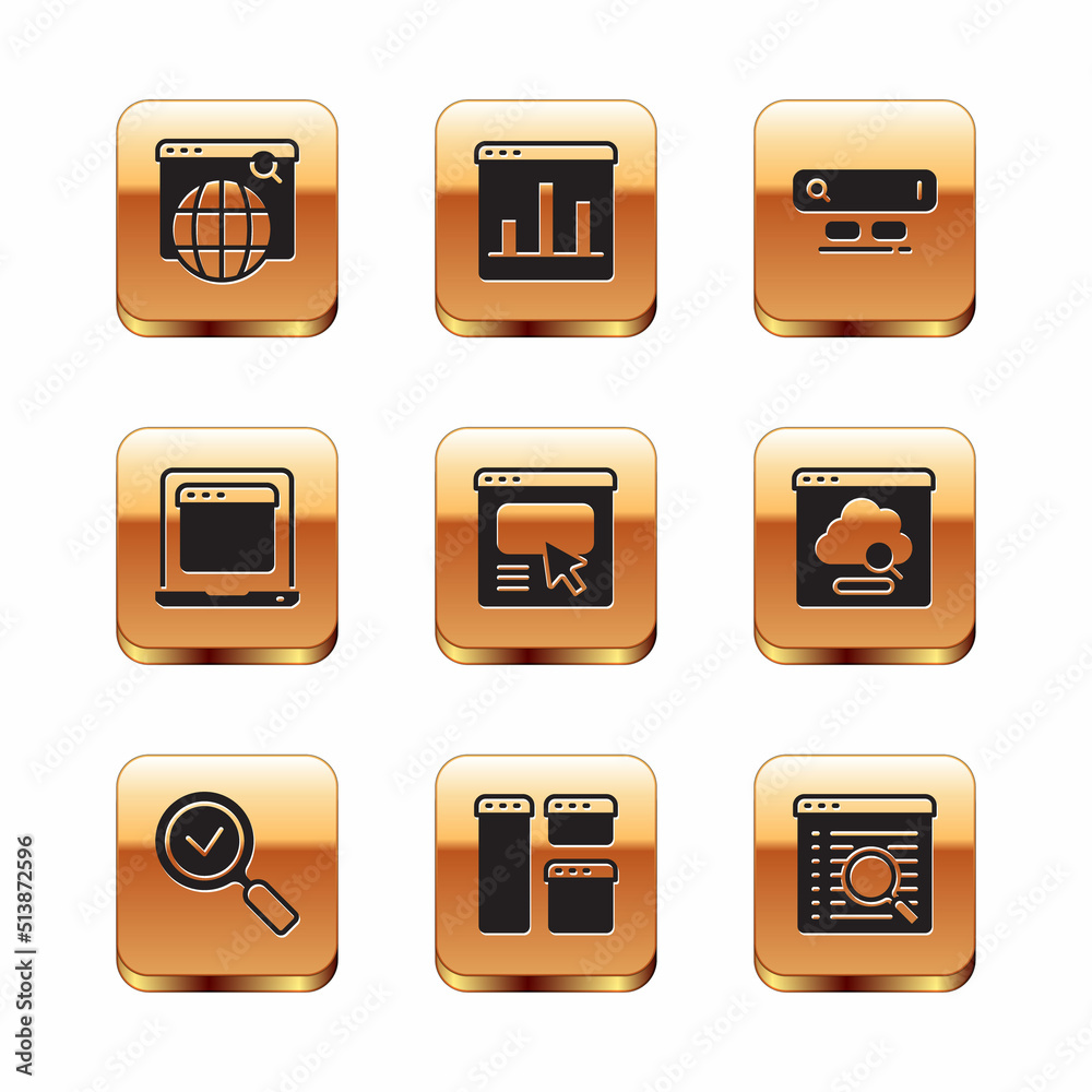 Set Search engine, Magnifying glass with check mark, Browser window, UI or UX design, Laptop browser, and Graph chart infographic icon. Vector Set Search engine, Magnifying glass with check mark, Browser window, UI or UX design, Laptop browser, and Graph chart infographic icon. Vector