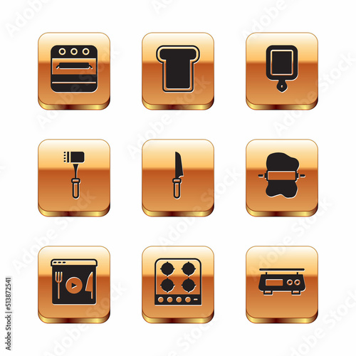 Set Oven, Cooking live streaming, Gas stove, Knife, Kitchen hammer, Cutting board, Electronic scales and Bread toast icon. Vector