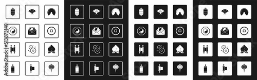 Set Chinese fortune cookie, Yin Yang and envelope, paper lantern, Yuan currency, Paper chinese folding fan, Peach fruit and Decree, paper, parchment, scroll icon. Vector
