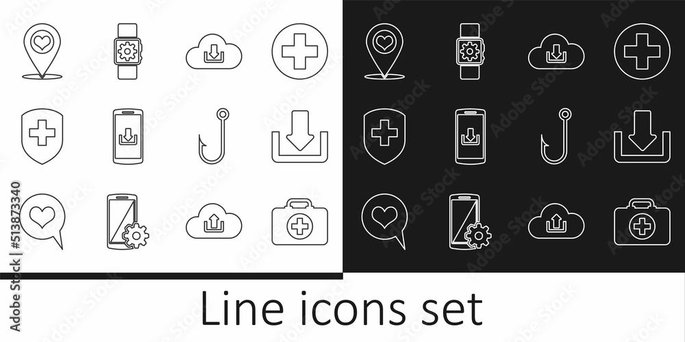 Set line First aid kit, Download, Cloud download, Smartphone with, Medical shield cross, Map pointer heart, Fishing hook and Smartwatch setting icon. Vector