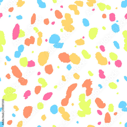 Dalmatian seamless pattern. Animal skin print. Dog and cow multicolor neon dots on white background. Vector
