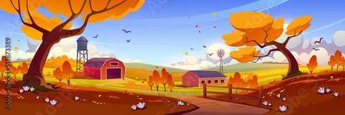 Autumn countryside with farm barn, windmill, water tower and agriculture fields at fall. Vector cartoon illustration of rural landscape of farmland with wooden shed, road and orange trees