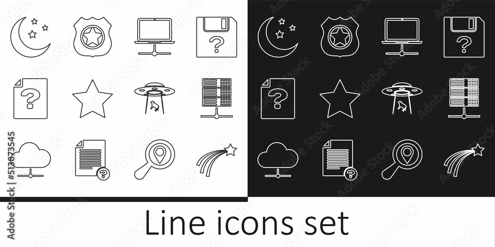 Set line Falling star, Server, Data, Web Hosting, Computer network, Star, Unknown document, Moon and stars, UFO abducts cow and Police badge icon. Vector