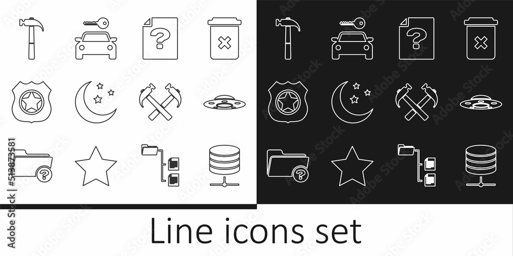 Set line Server, Data, Web Hosting, UFO flying spaceship, Unknown document, Moon and stars, Police badge, Hammer, Two crossed hammers and Car rental icon. Vector