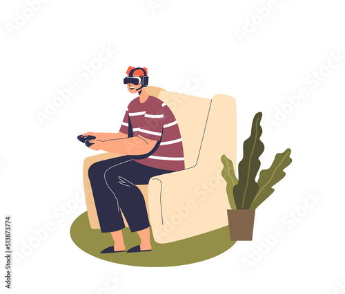 Boy in vr glasses gaming. Young man wear virtual reality headset play video games augmented reality