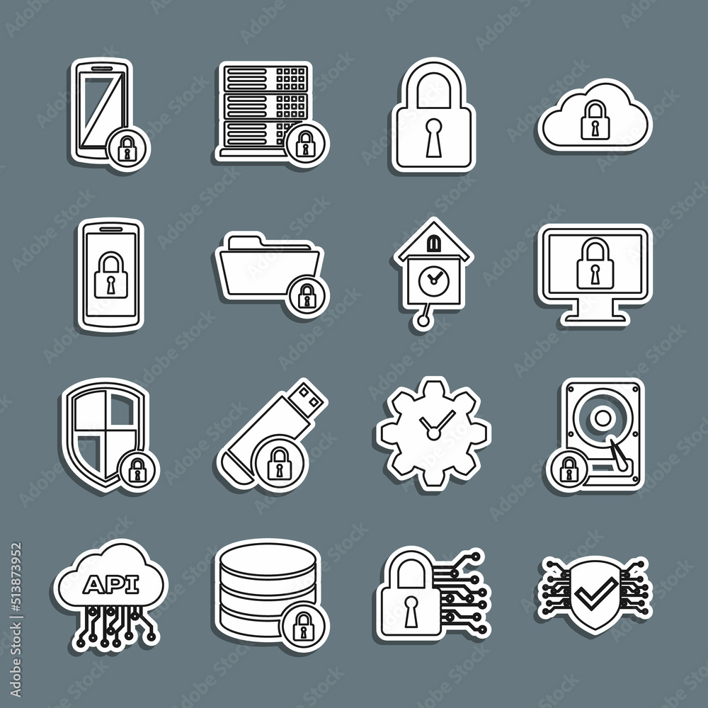 Set line Cyber security, Hard disk drive and lock, Lock on monitor, Folder, Smartphone with, and Retro wall watch icon. Vector Set line Cyber security, Hard disk drive and lock, Lock on monitor, Folder, Smartphone with, and Retro wall watch icon. Vector