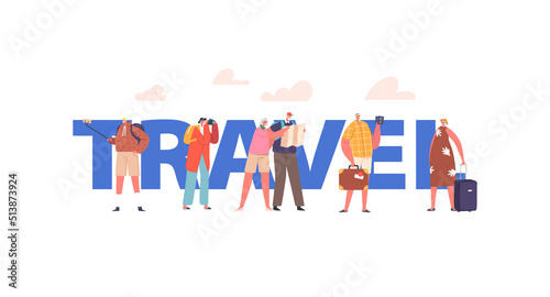 Elderly People Travel Concept. Poster with Senior Tourists Searching Place with Map, Using Mobile for Making Selfie