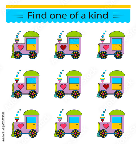 Task for development of attention and logic. Need to find one of a kind train. Kids activity page. Vector illustration